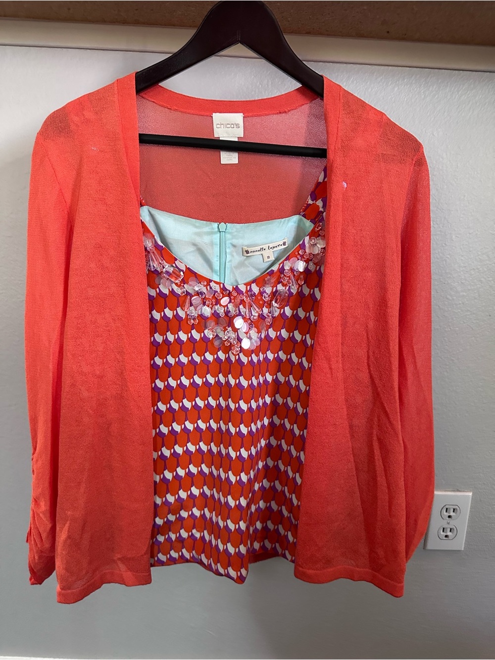 Orange Print and Emroidery Sleeveless Tank Top with Matching Cardigan